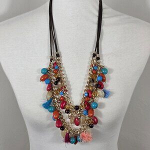 Chunky Acrylic Multi-Layer Bead Bib Cluster Necklace Multi-Colored & Gold Beads